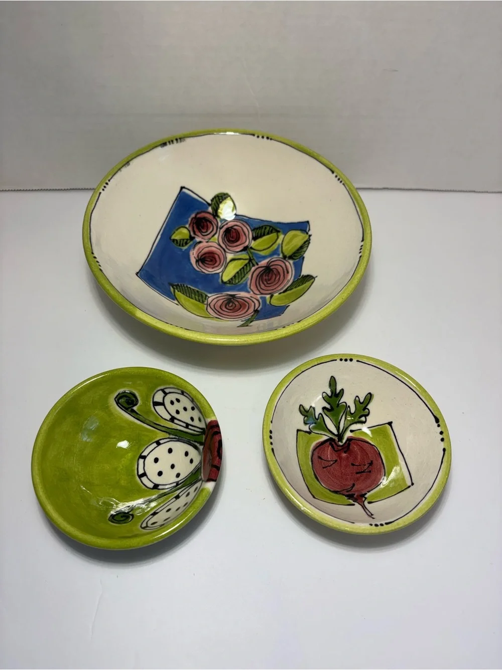 Serving Bowls Artist Signed Colorful Hand Painted Set Of 3 Ceramic Floral
